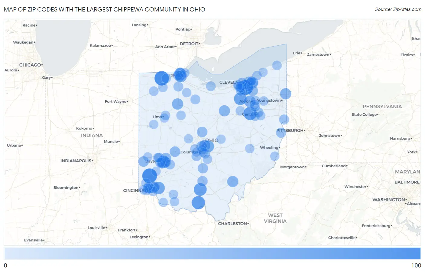 Zip Codes with the Largest Chippewa Community in Ohio Map