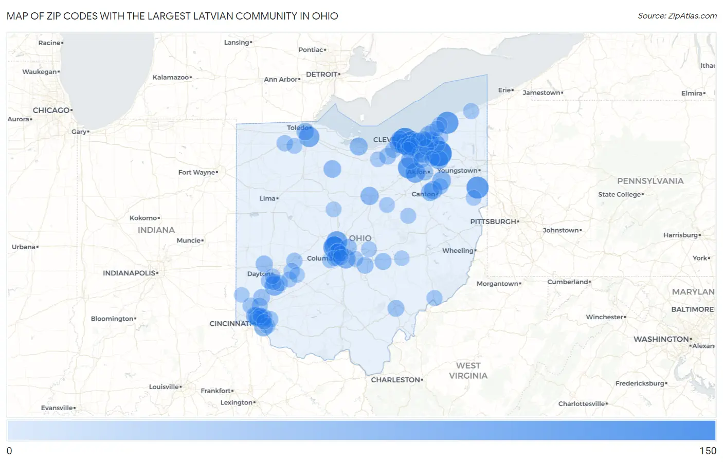 Zip Codes with the Largest Latvian Community in Ohio Map