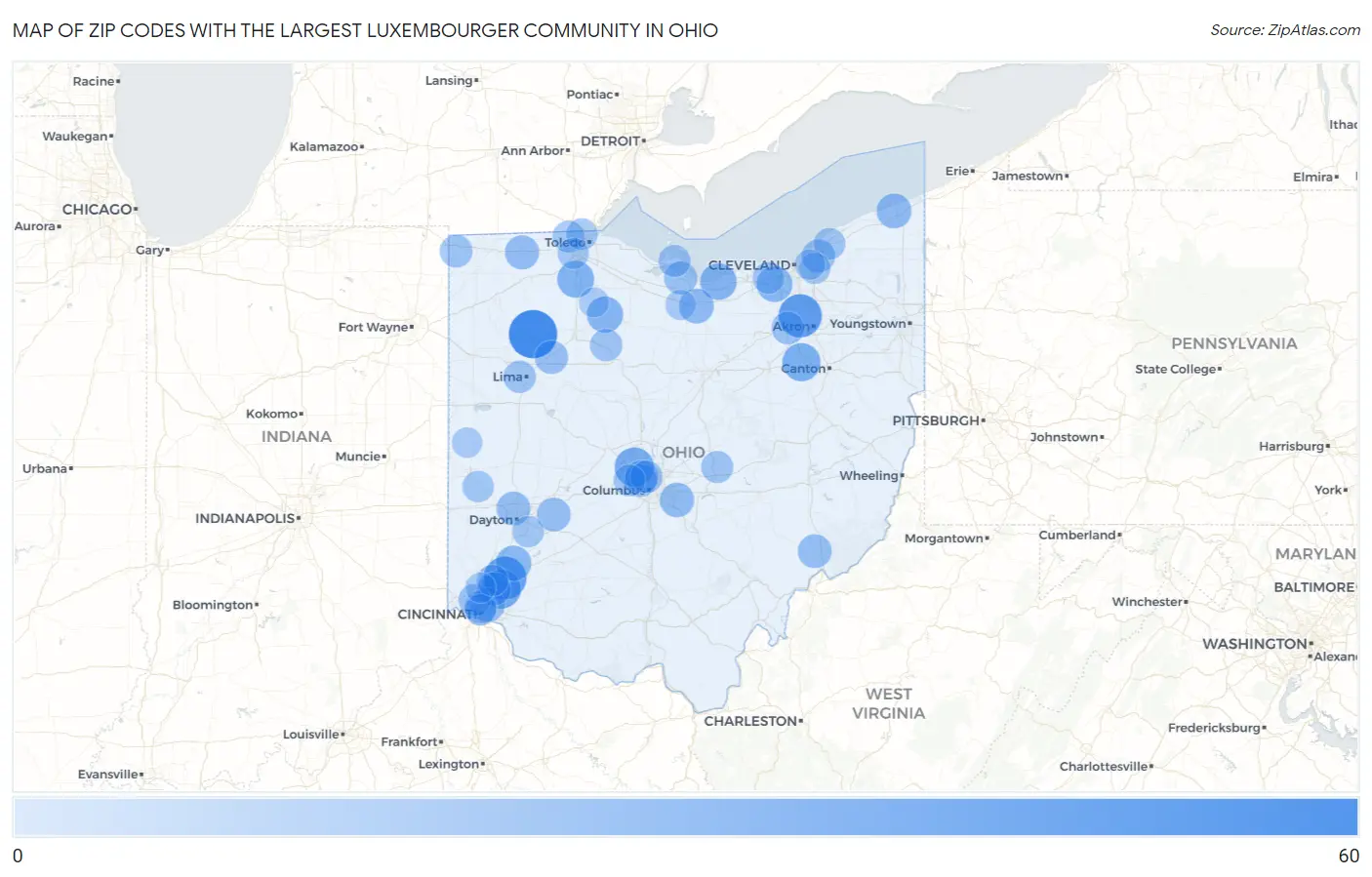 Zip Codes with the Largest Luxembourger Community in Ohio Map