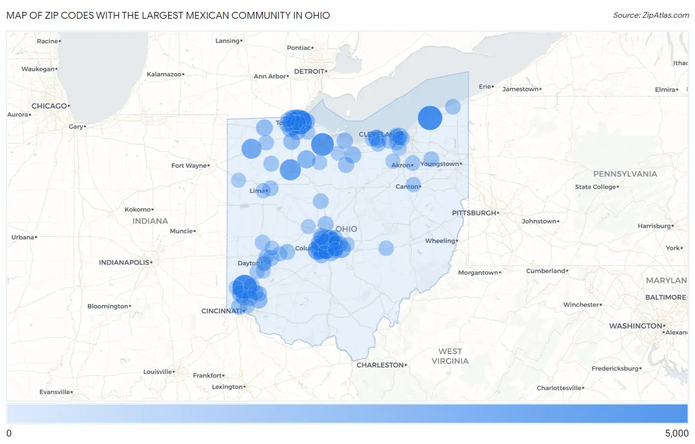 Zip Codes with the Largest Mexican Community in Ohio Map