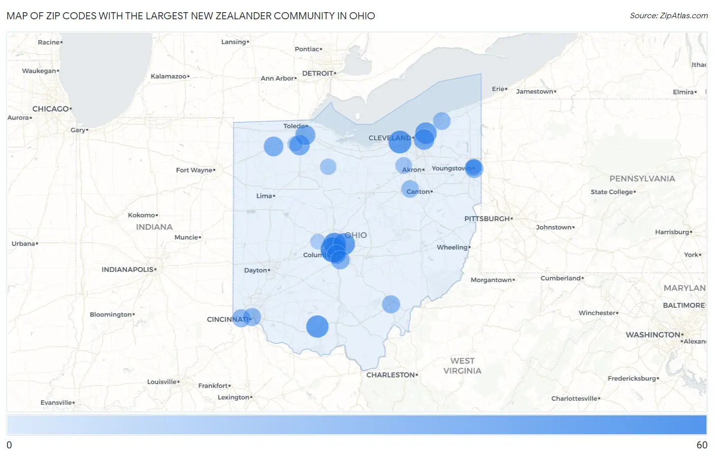 Zip Codes with the Largest New Zealander Community in Ohio Map
