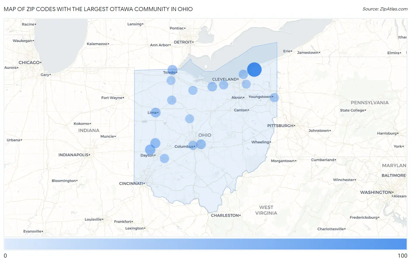 Zip Codes with the Largest Ottawa Community in Ohio Map