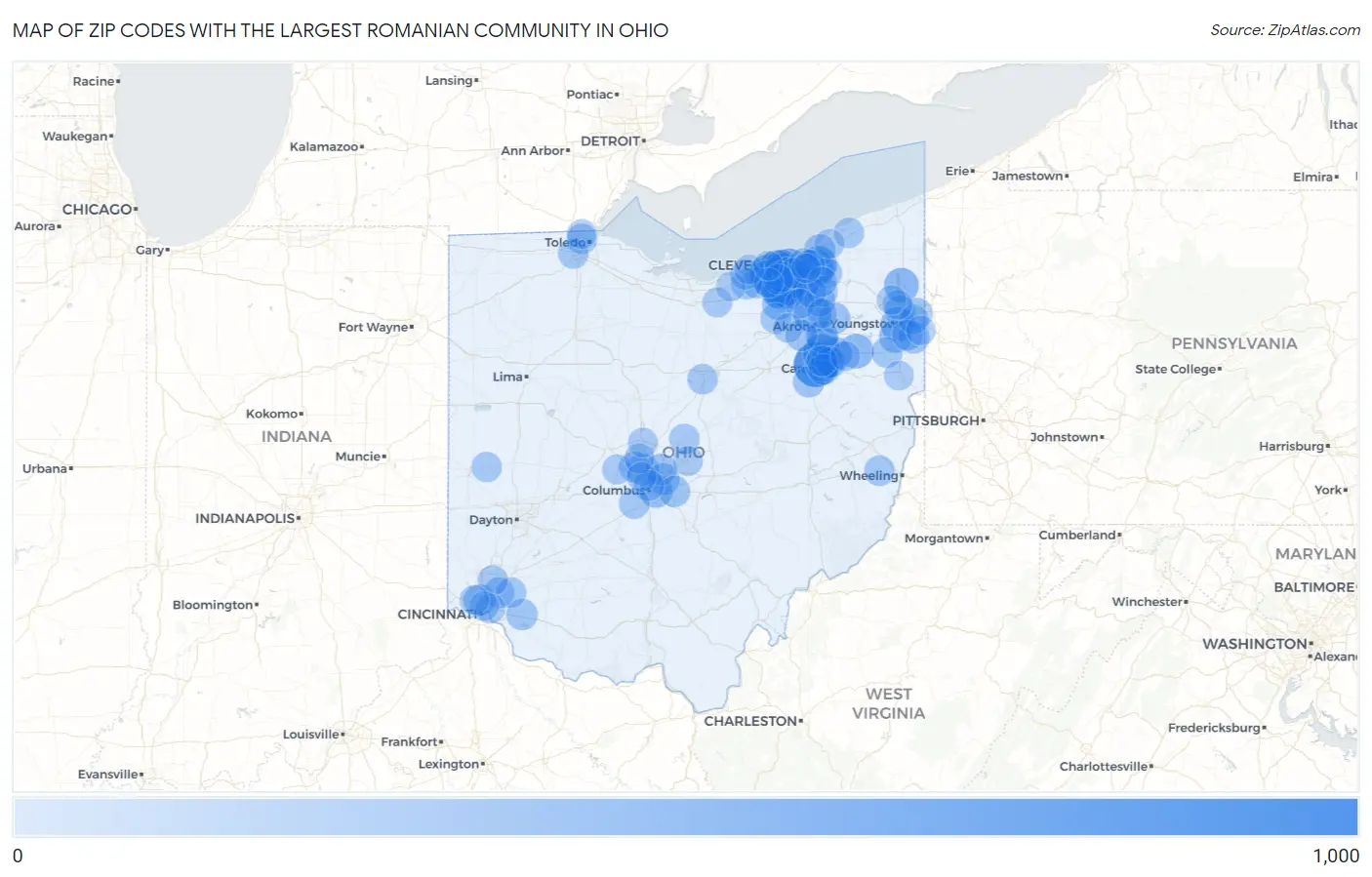 Zip Codes with the Largest Romanian Community in Ohio Map