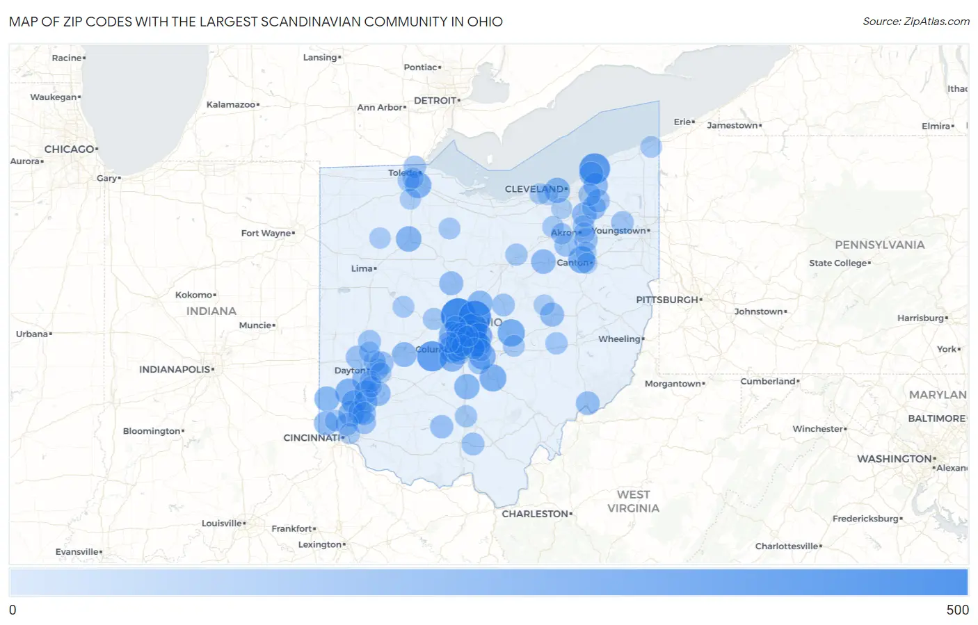 Zip Codes with the Largest Scandinavian Community in Ohio Map