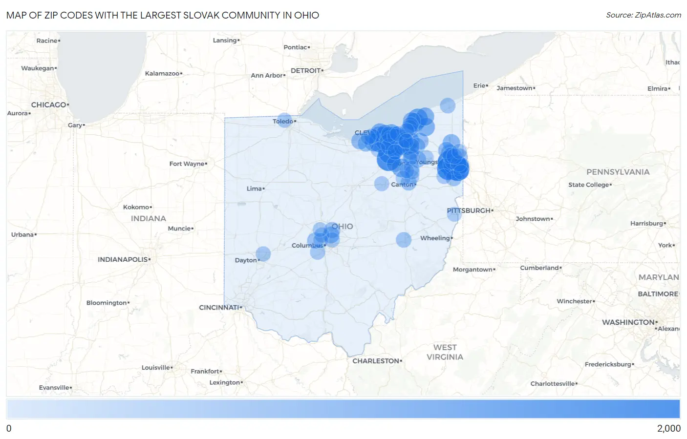 Zip Codes with the Largest Slovak Community in Ohio Map