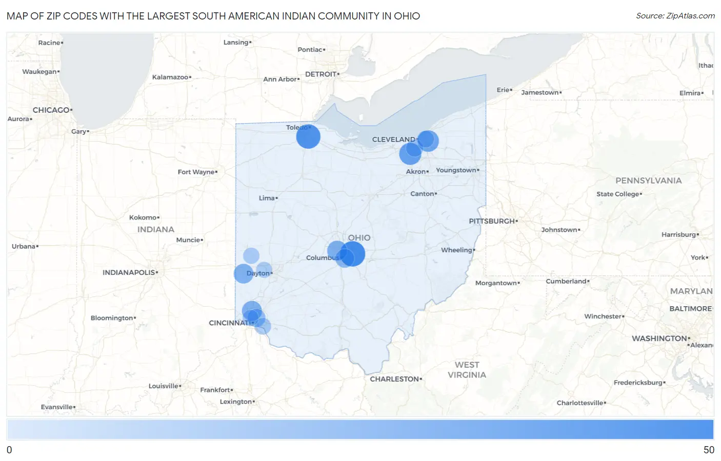 Zip Codes with the Largest South American Indian Community in Ohio Map