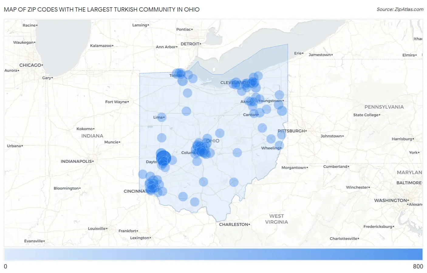 Zip Codes with the Largest Turkish Community in Ohio Map
