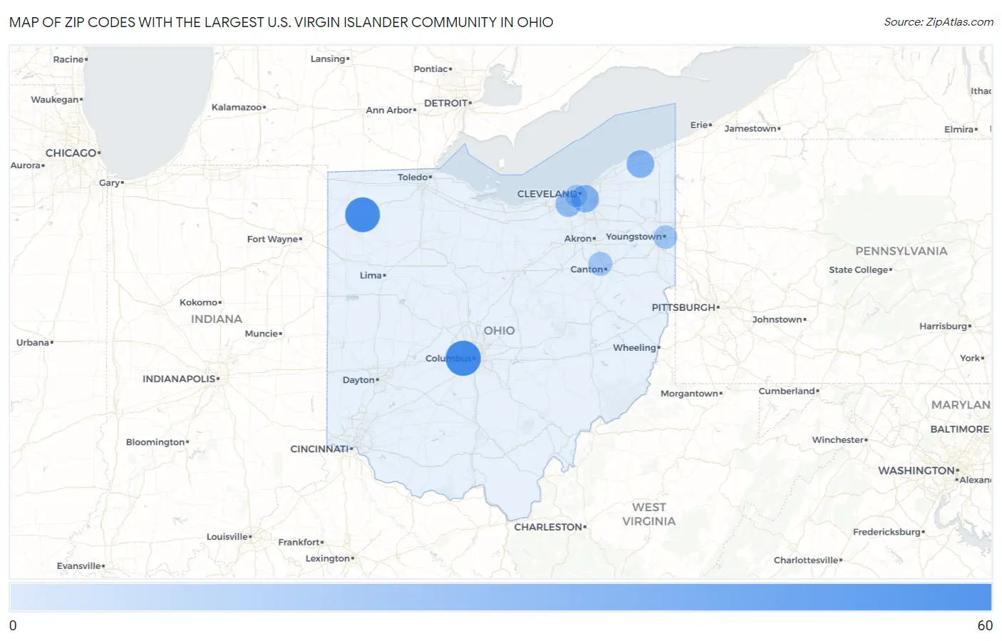 Zip Codes with the Largest U.S. Virgin Islander Community in Ohio Map