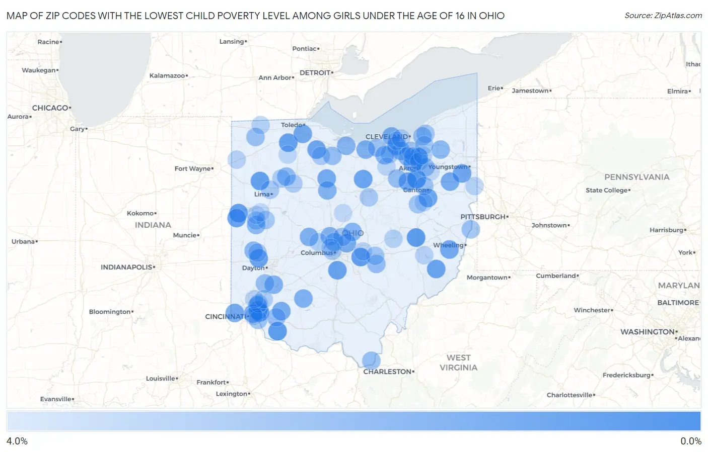 Zip Codes with the Lowest Child Poverty Level Among Girls Under the Age of 16 in Ohio Map