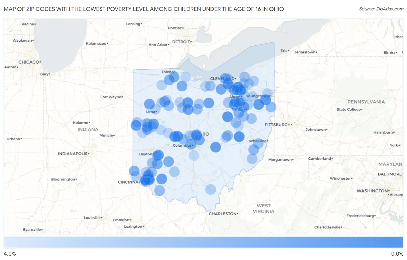 Zip Codes with the Lowest Poverty Level Among Children Under the Age of 16 in Ohio Map