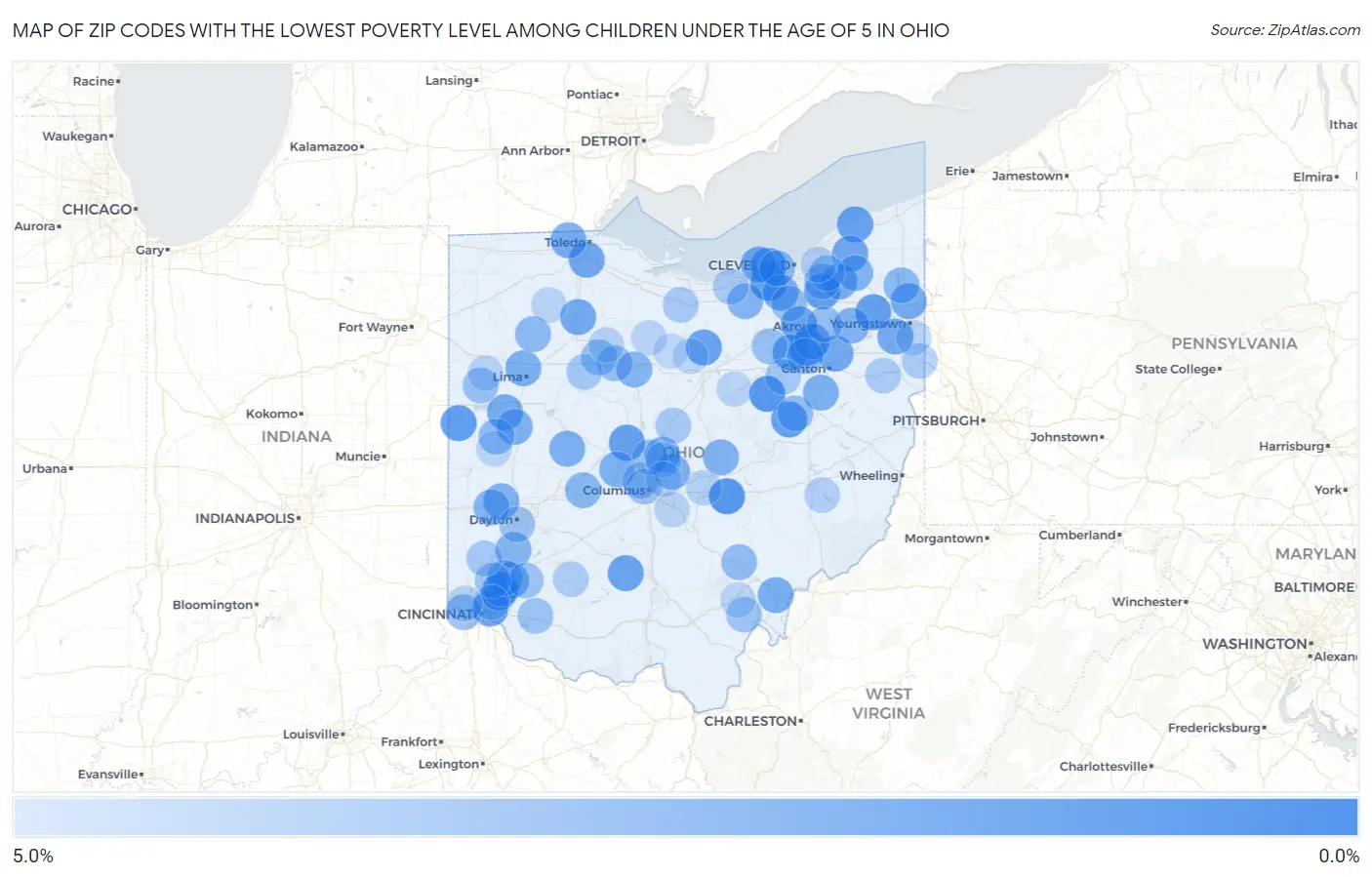 Zip Codes with the Lowest Poverty Level Among Children Under the Age of 5 in Ohio Map