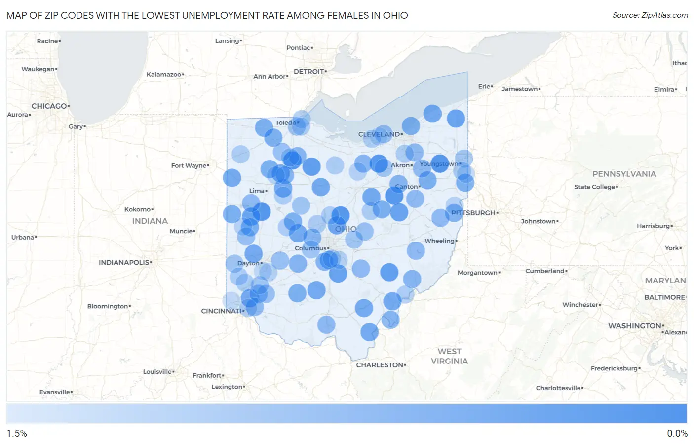 Zip Codes with the Lowest Unemployment Rate Among Females in Ohio Map