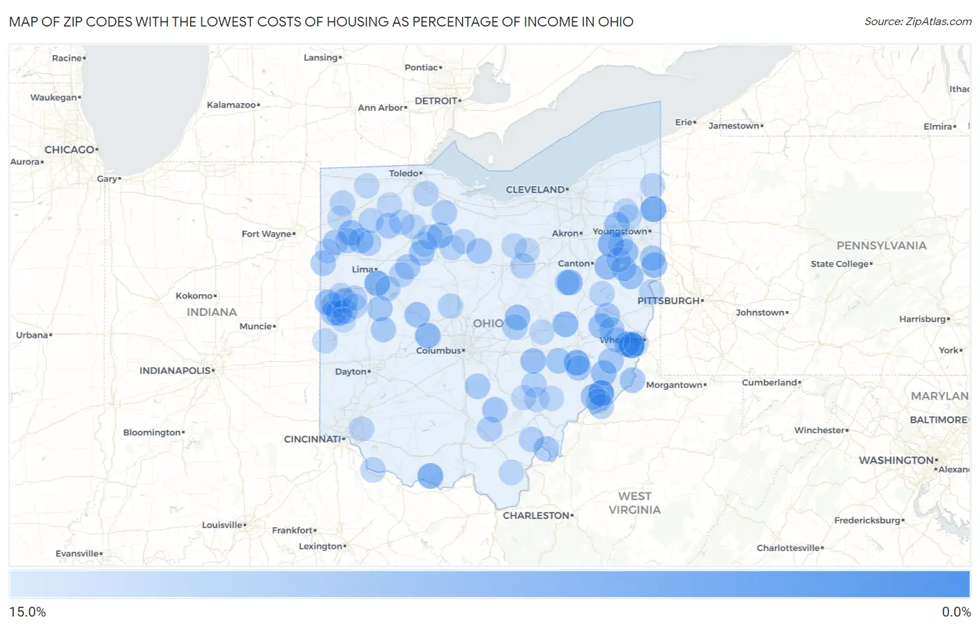 Zip Codes with the Lowest Costs of Housing as Percentage of Income in Ohio Map