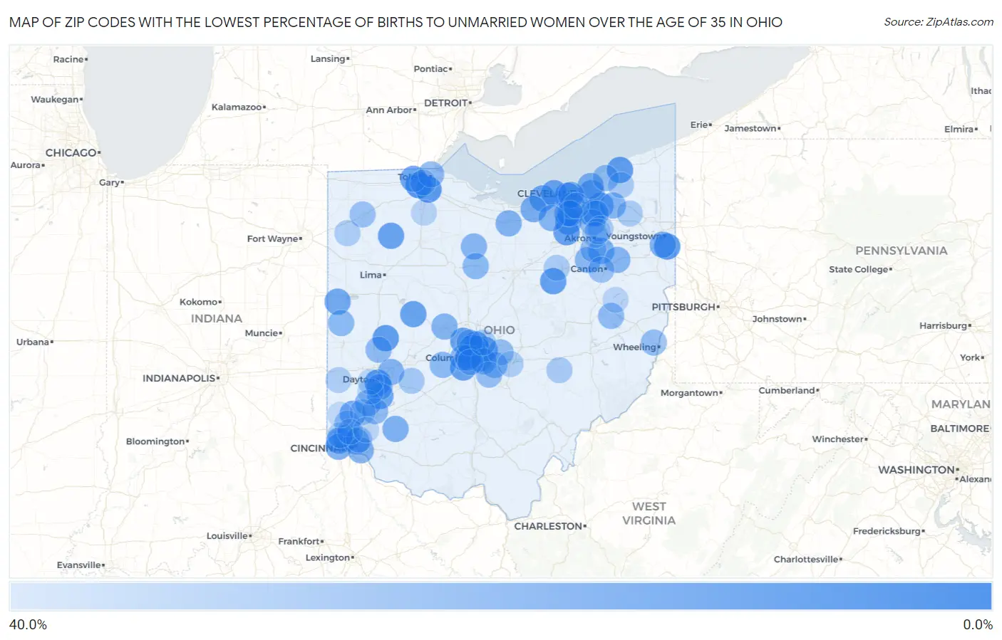 Zip Codes with the Lowest Percentage of Births to Unmarried Women over the Age of 35 in Ohio Map