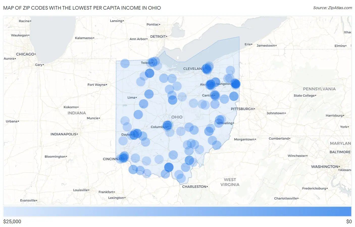 Zip Codes with the Lowest Per Capita Income in Ohio Map