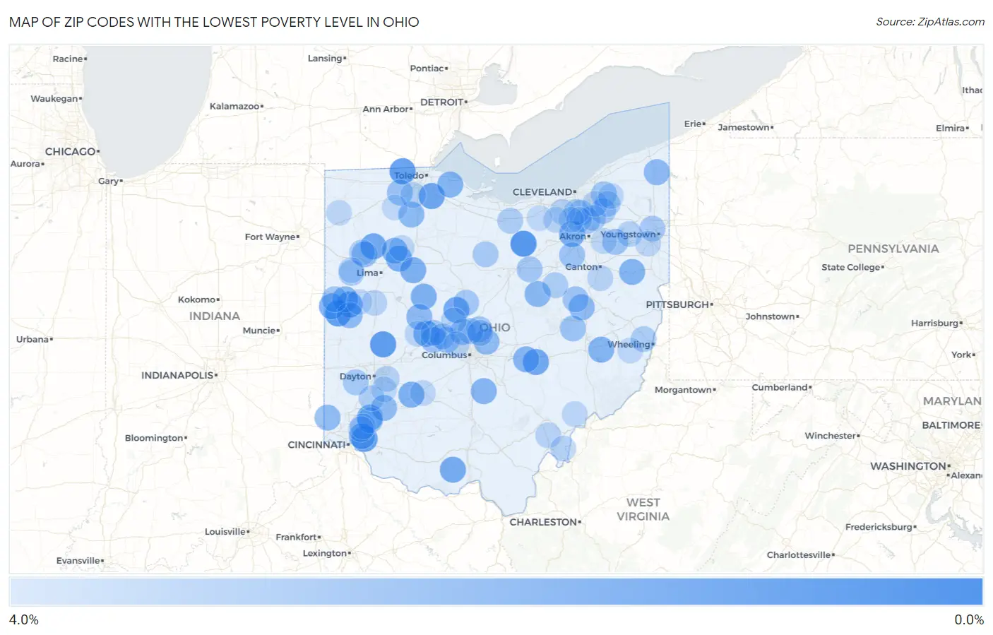 Zip Codes with the Lowest Poverty Level in Ohio Map