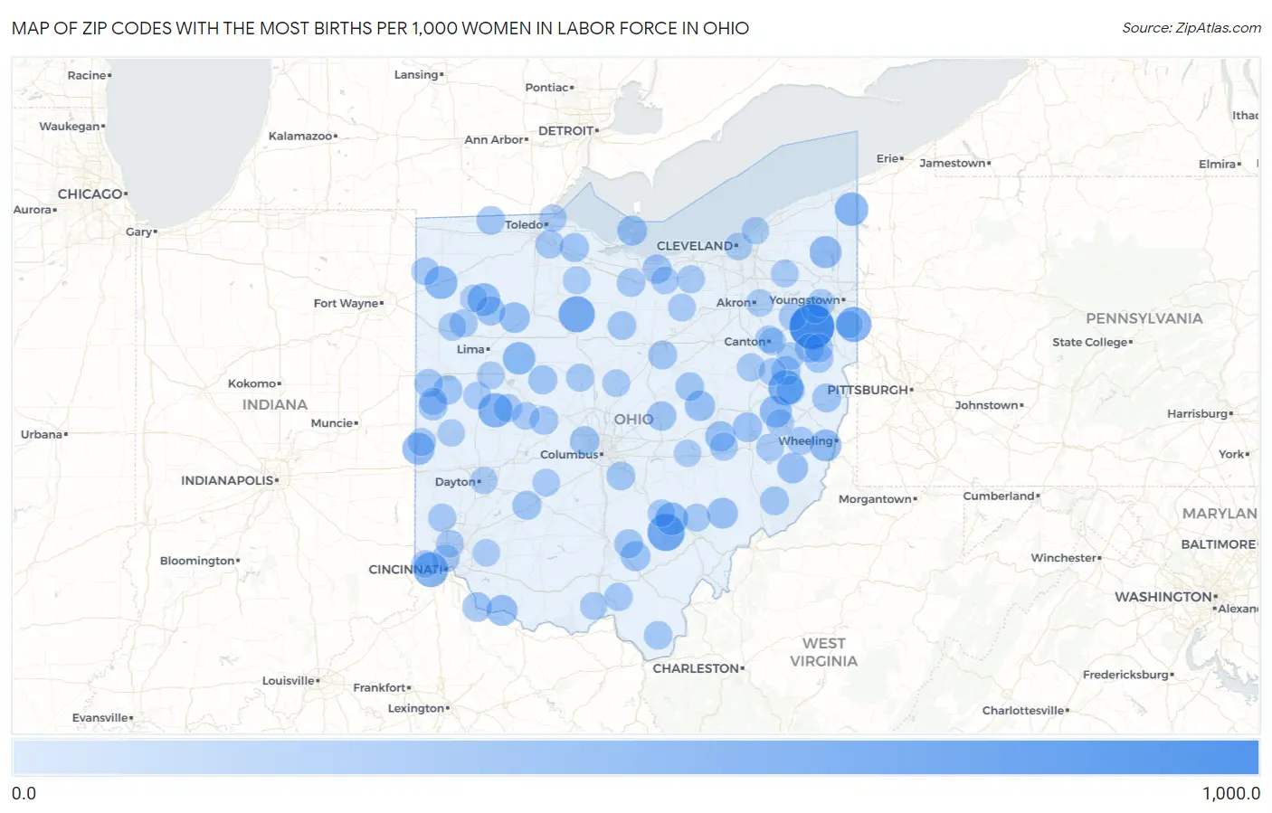 Zip Codes with the Most Births per 1,000 Women in Labor Force in Ohio Map