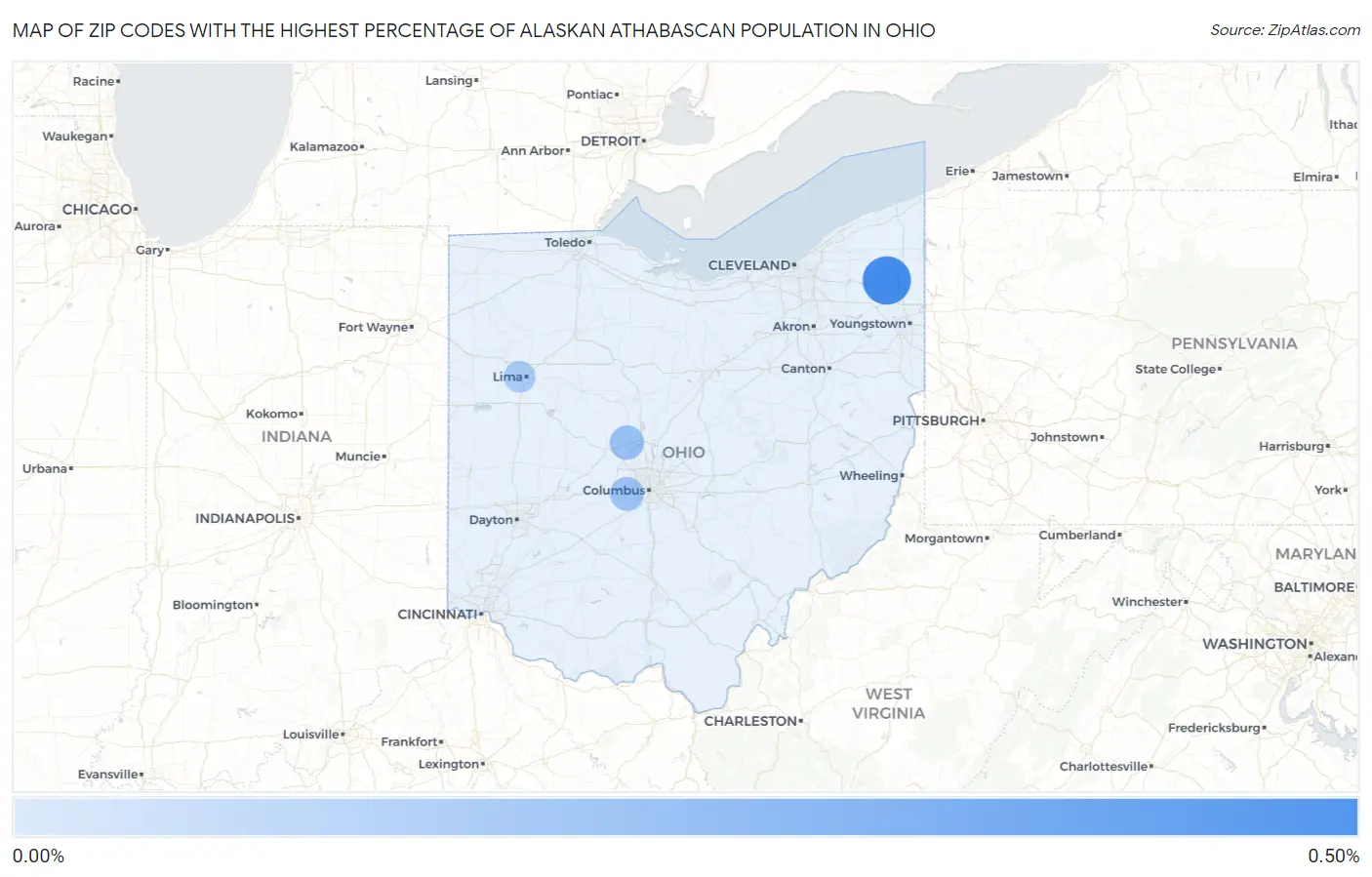 Zip Codes with the Highest Percentage of Alaskan Athabascan Population in Ohio Map