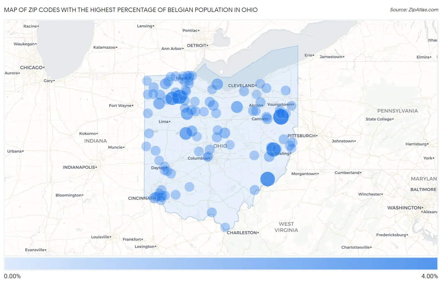 Zip Codes with the Highest Percentage of Belgian Population in Ohio Map