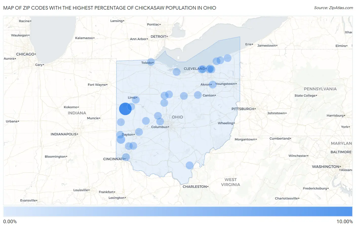 Zip Codes with the Highest Percentage of Chickasaw Population in Ohio Map