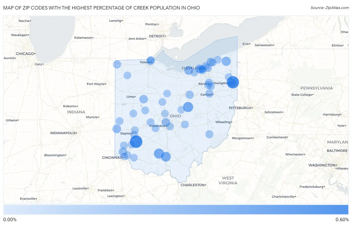 Zip Codes with the Highest Percentage of Creek Population in Ohio Map