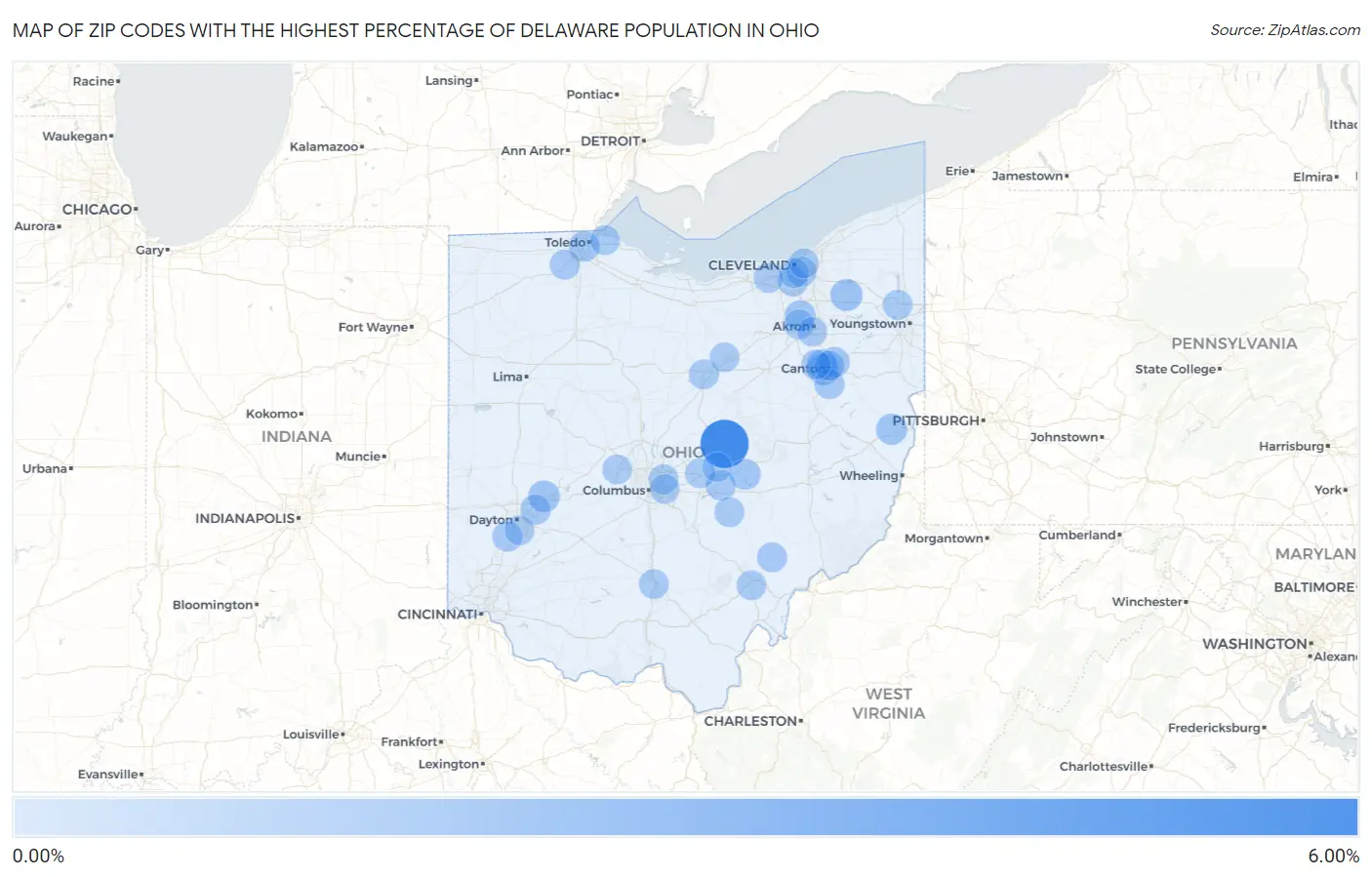 Zip Codes with the Highest Percentage of Delaware Population in Ohio Map