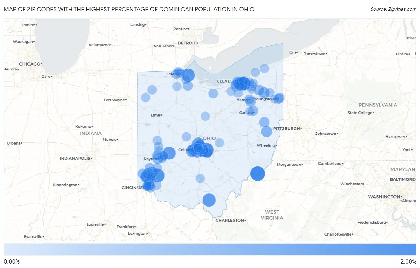 Zip Codes with the Highest Percentage of Dominican Population in Ohio Map