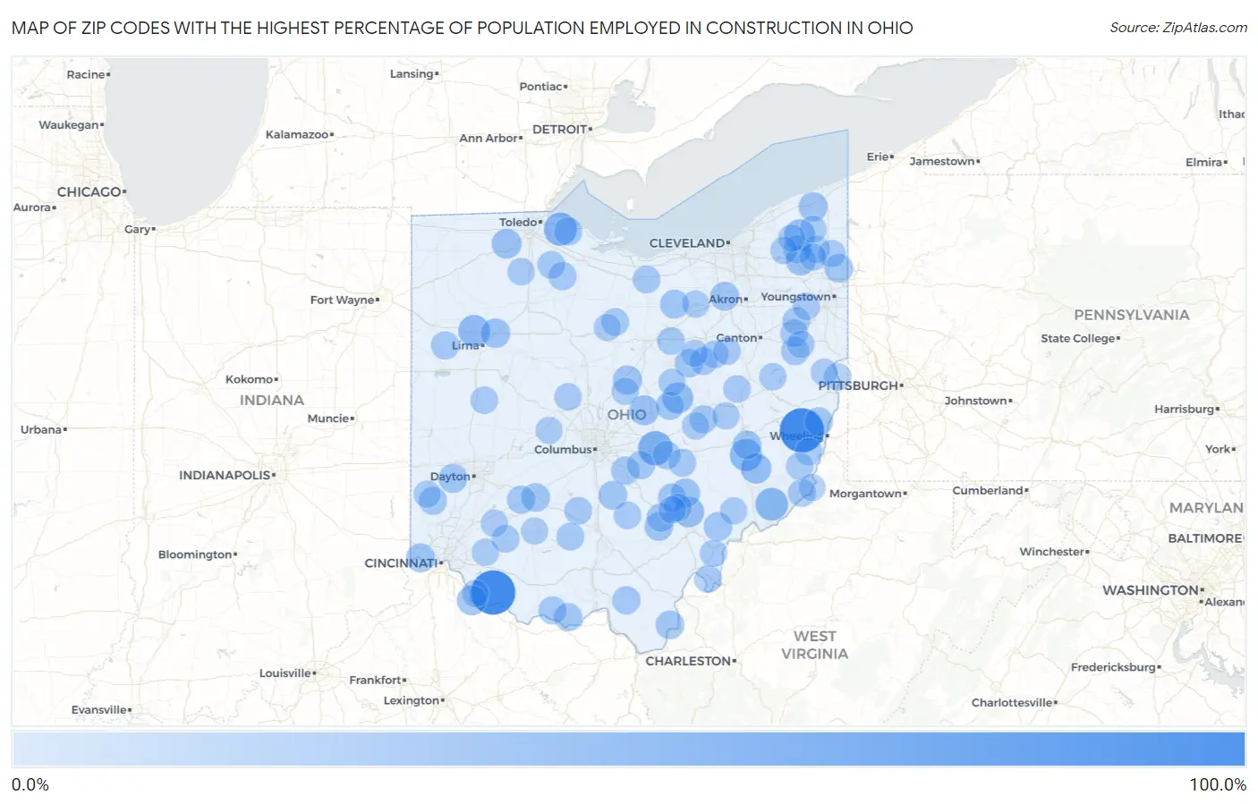 Zip Codes with the Highest Percentage of Population Employed in Construction in Ohio Map