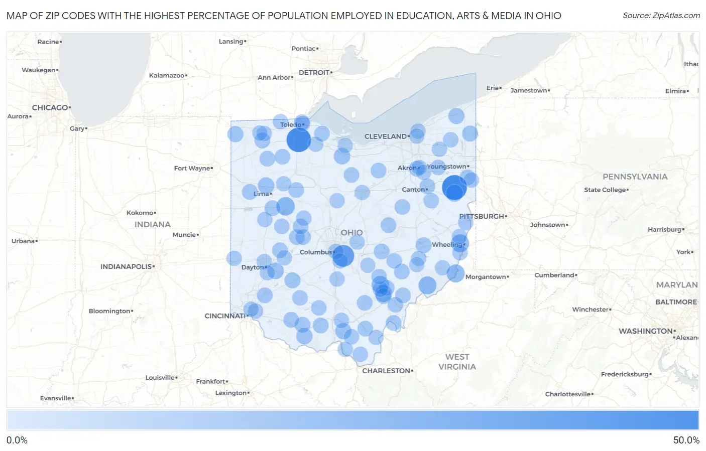 Zip Codes with the Highest Percentage of Population Employed in Education, Arts & Media in Ohio Map