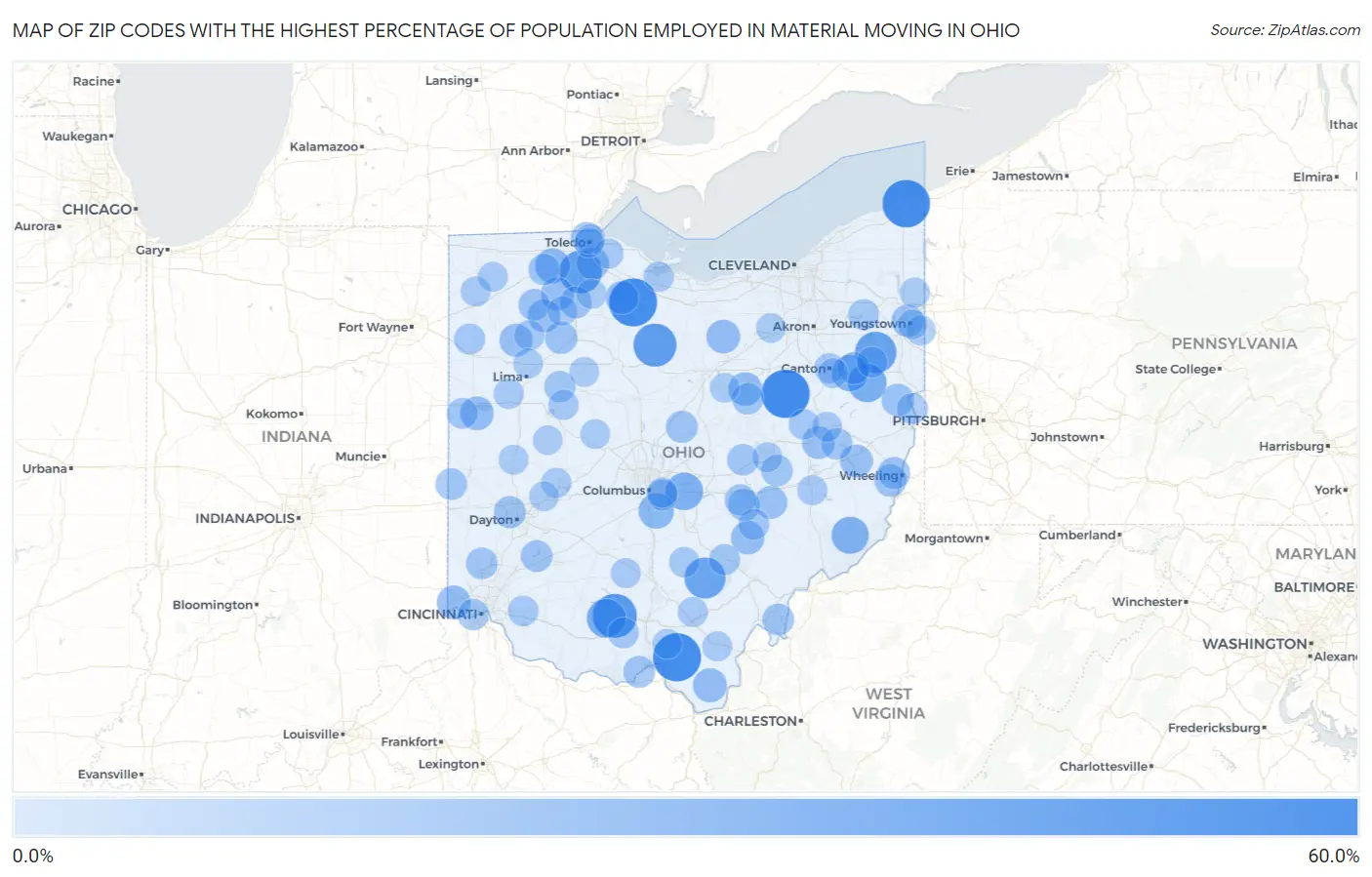 Zip Codes with the Highest Percentage of Population Employed in Material Moving in Ohio Map