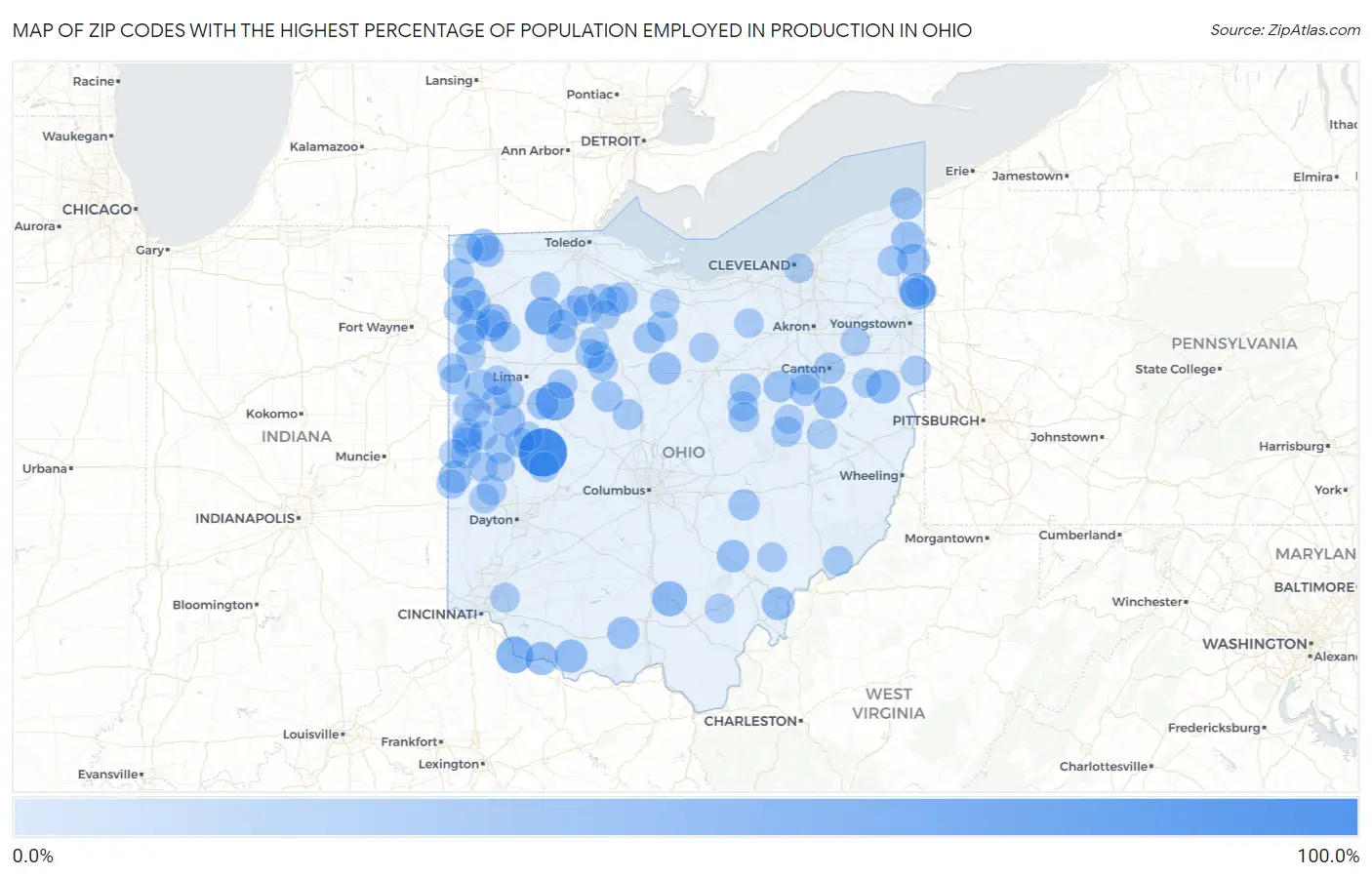 Zip Codes with the Highest Percentage of Population Employed in Production in Ohio Map