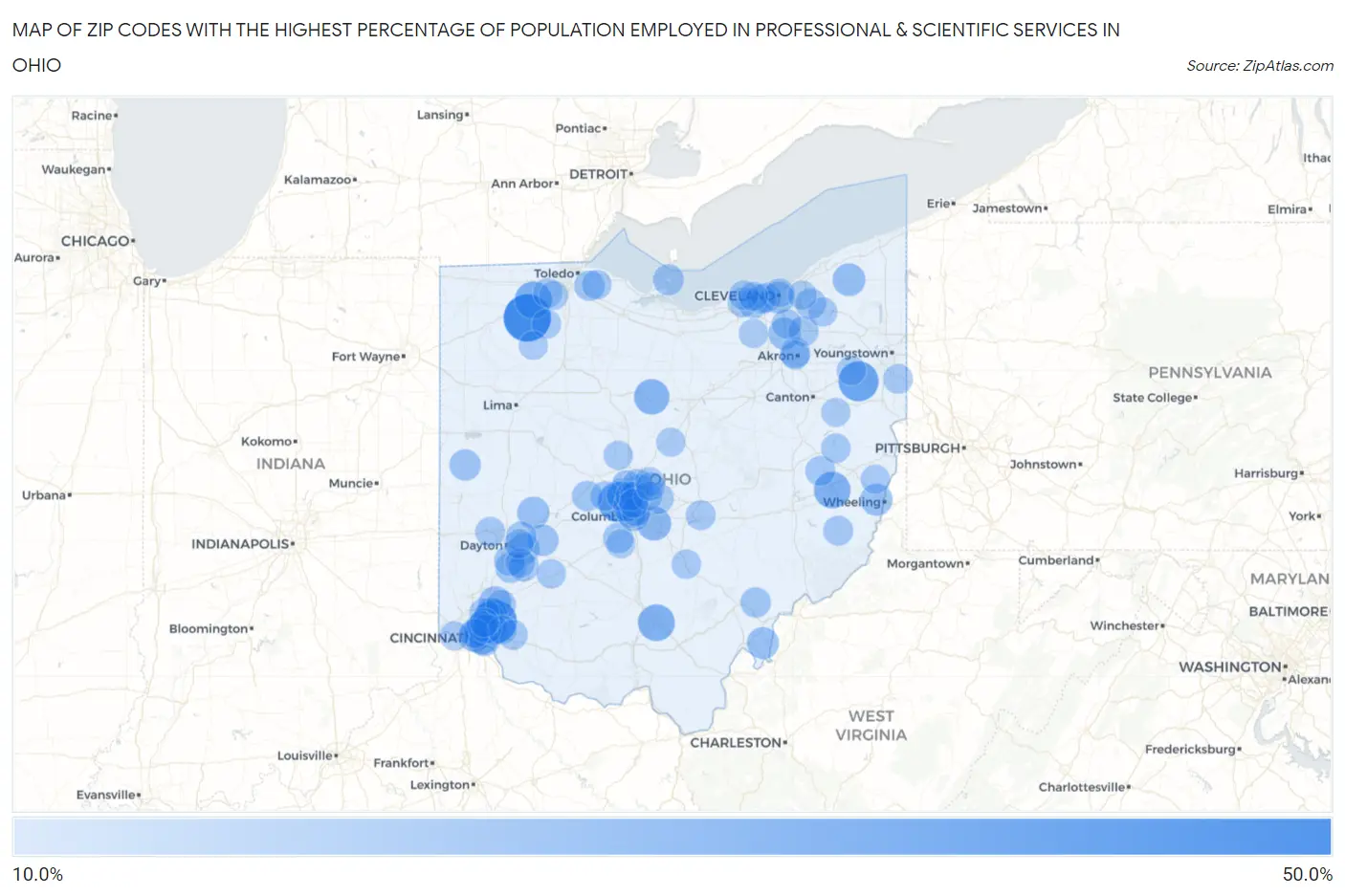 Zip Codes with the Highest Percentage of Population Employed in Professional & Scientific Services in Ohio Map