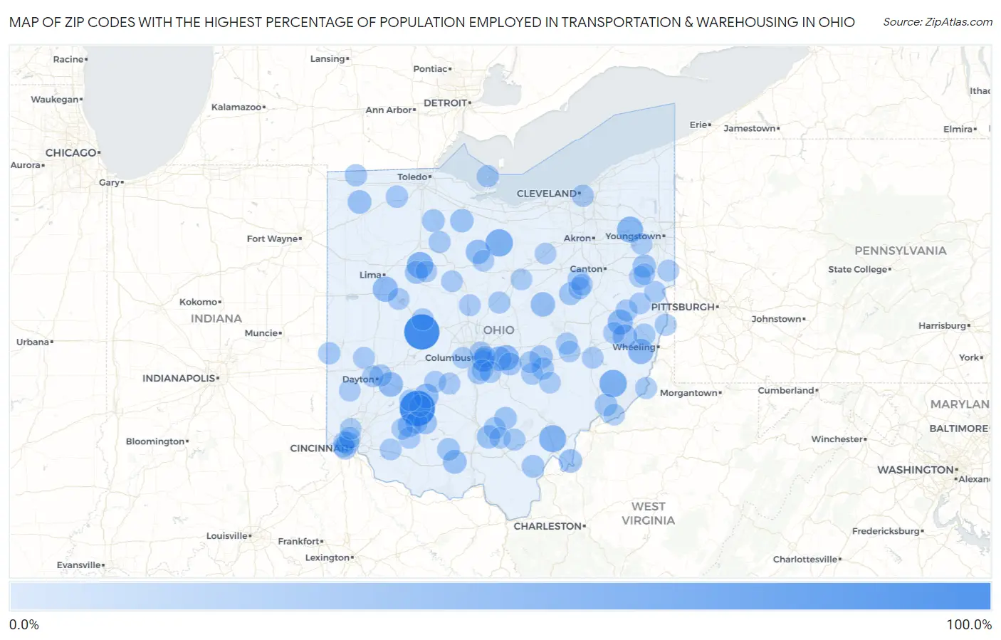 Zip Codes with the Highest Percentage of Population Employed in Transportation & Warehousing in Ohio Map