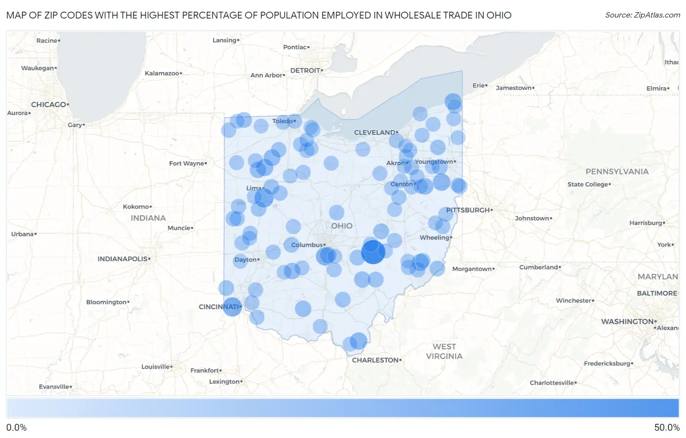Zip Codes with the Highest Percentage of Population Employed in Wholesale Trade in Ohio Map