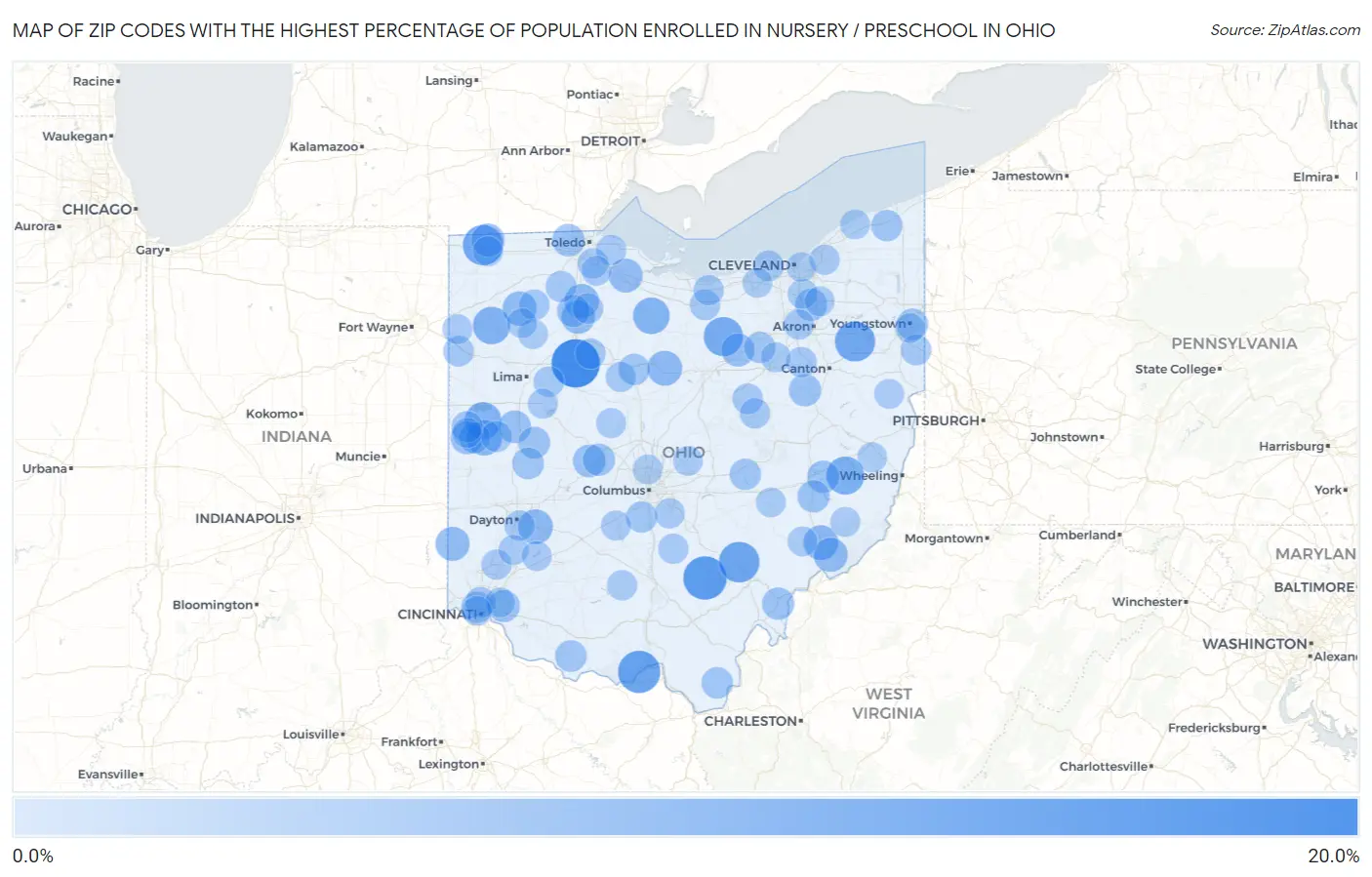 Zip Codes with the Highest Percentage of Population Enrolled in Nursery / Preschool in Ohio Map