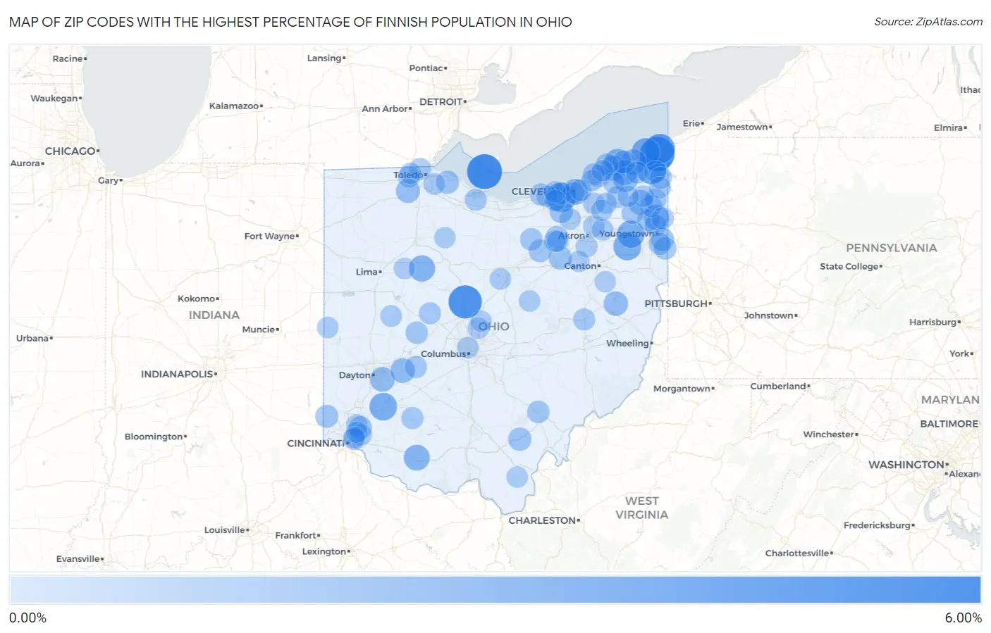 Zip Codes with the Highest Percentage of Finnish Population in Ohio Map