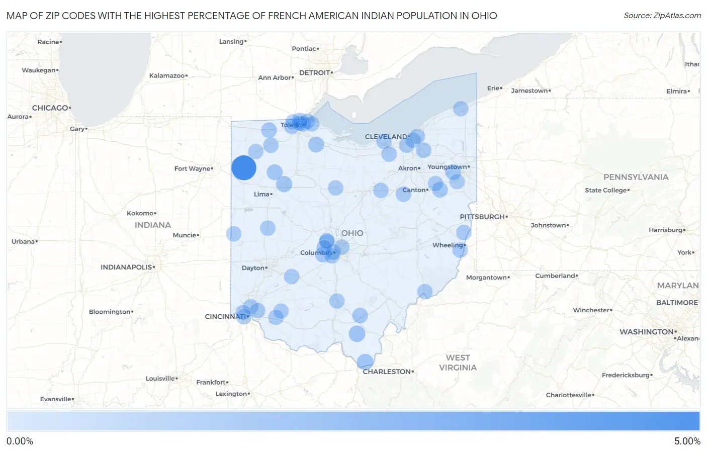 Zip Codes with the Highest Percentage of French American Indian Population in Ohio Map
