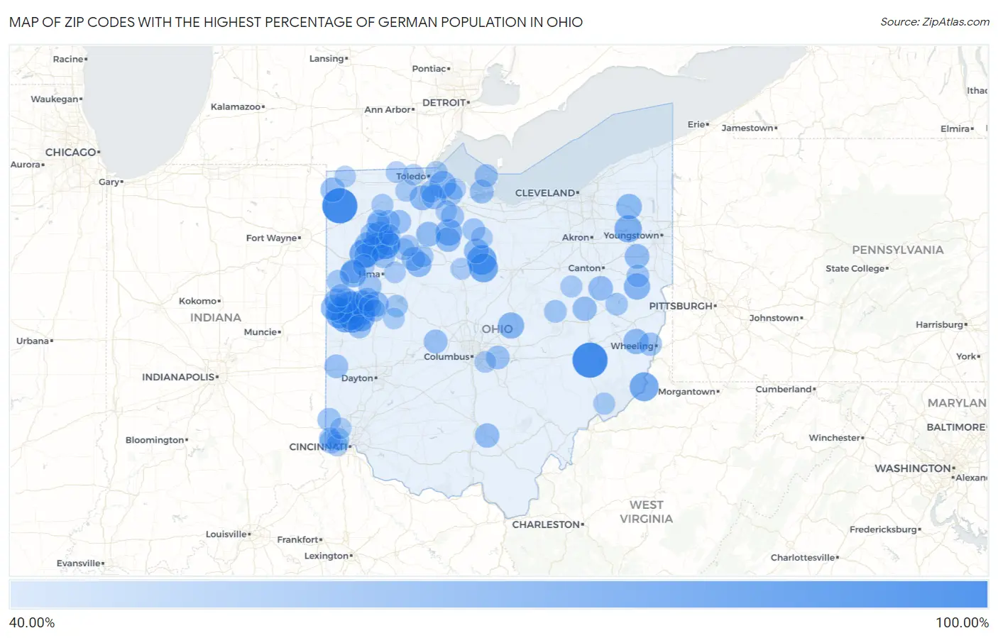Zip Codes with the Highest Percentage of German Population in Ohio Map
