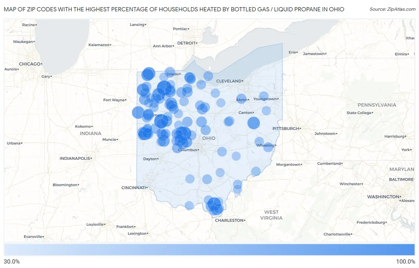 Zip Codes with the Highest Percentage of Households Heated by Bottled Gas / Liquid Propane in Ohio Map