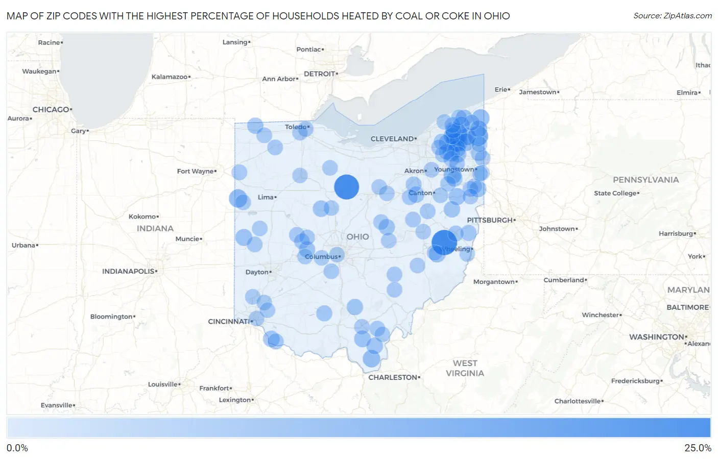 Zip Codes with the Highest Percentage of Households Heated by Coal or Coke in Ohio Map