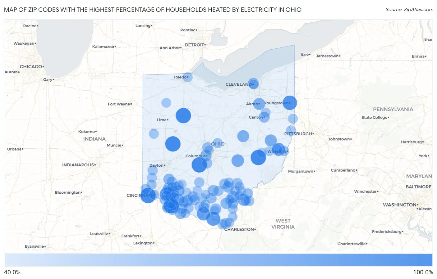 Zip Codes with the Highest Percentage of Households Heated by Electricity in Ohio Map