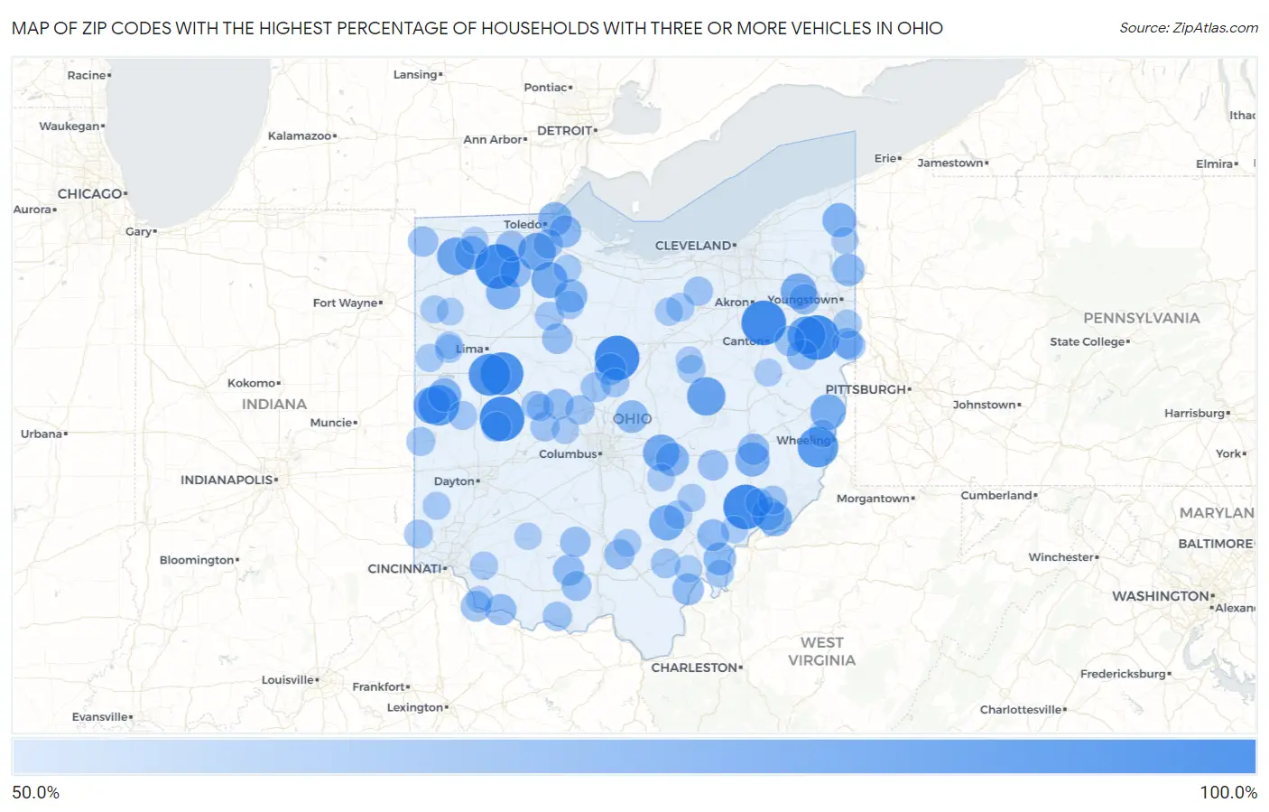 Zip Codes with the Highest Percentage of Households With Three or more Vehicles in Ohio Map