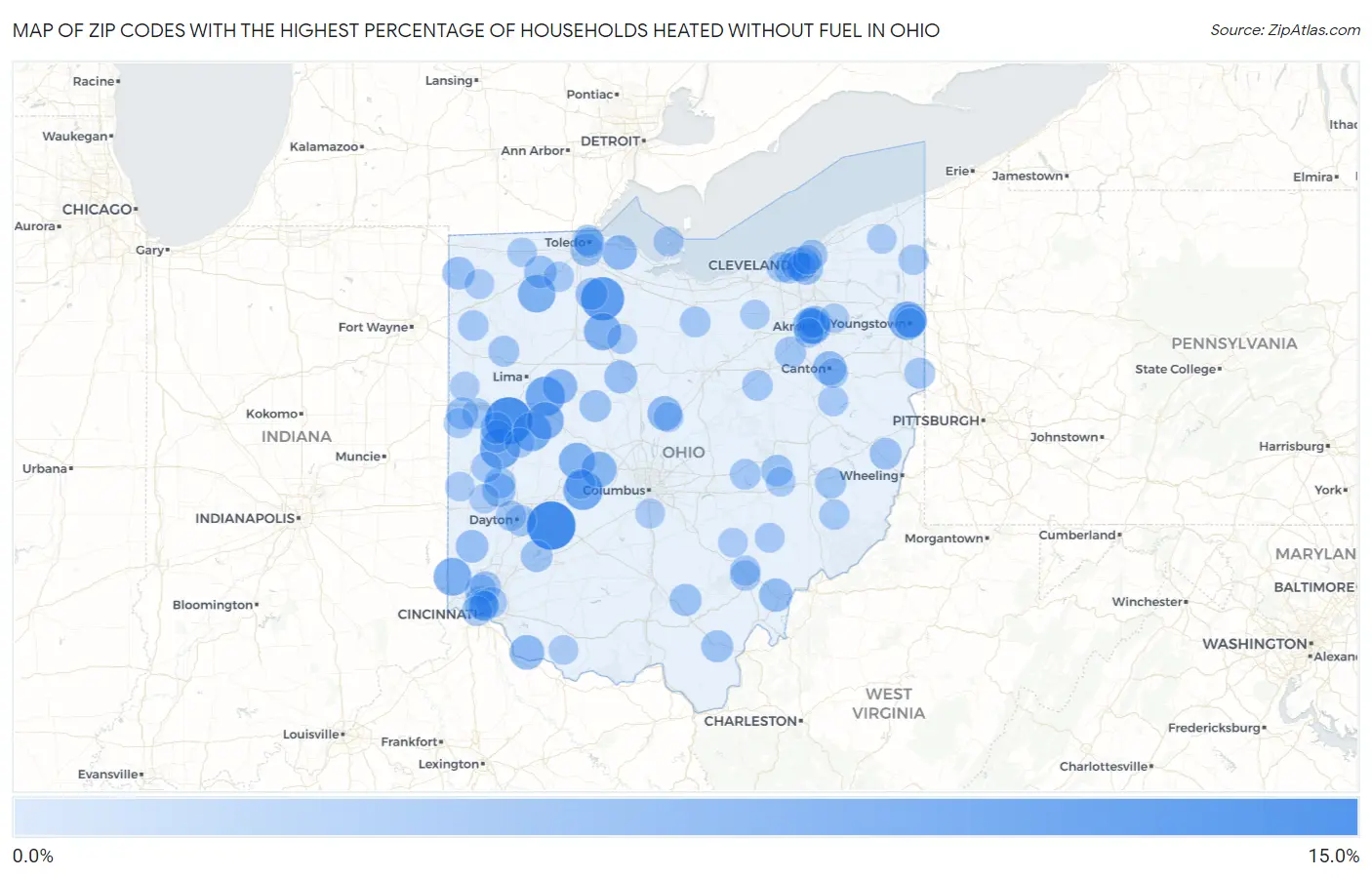 Zip Codes with the Highest Percentage of Households Heated without Fuel in Ohio Map