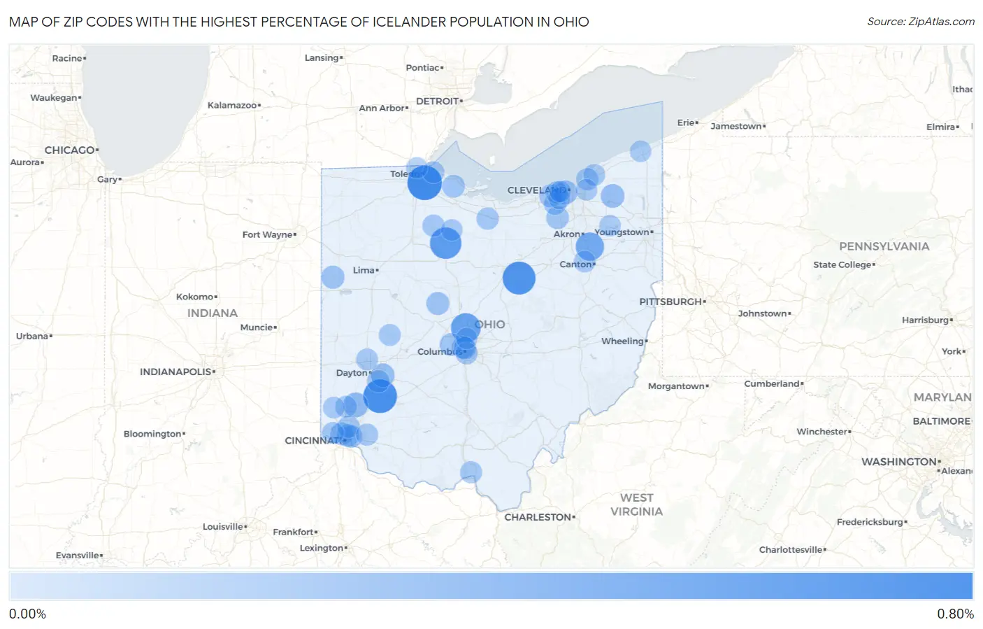 Zip Codes with the Highest Percentage of Icelander Population in Ohio Map