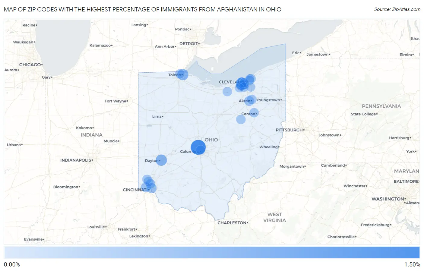 Zip Codes with the Highest Percentage of Immigrants from Afghanistan in Ohio Map