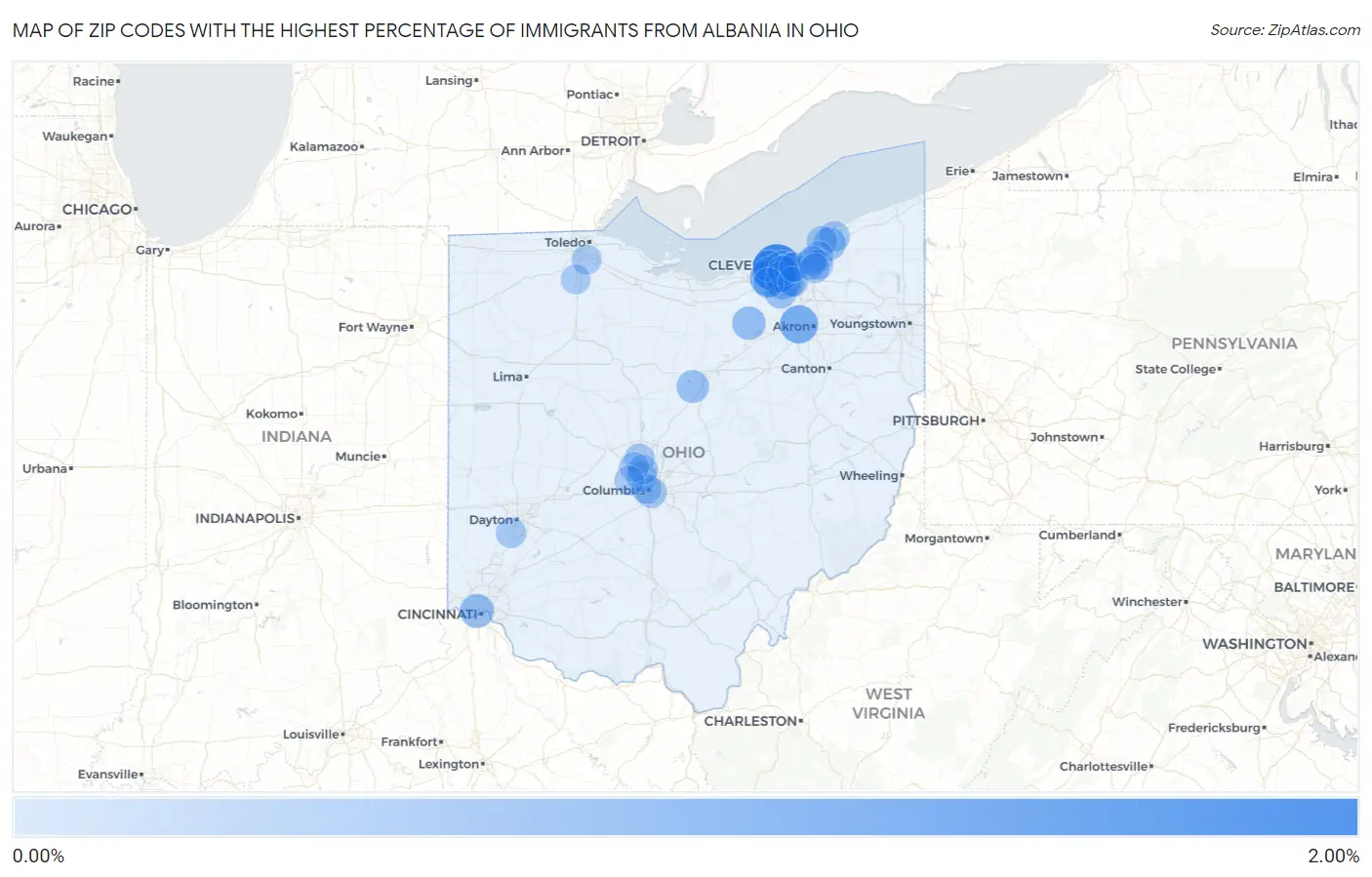 Zip Codes with the Highest Percentage of Immigrants from Albania in Ohio Map