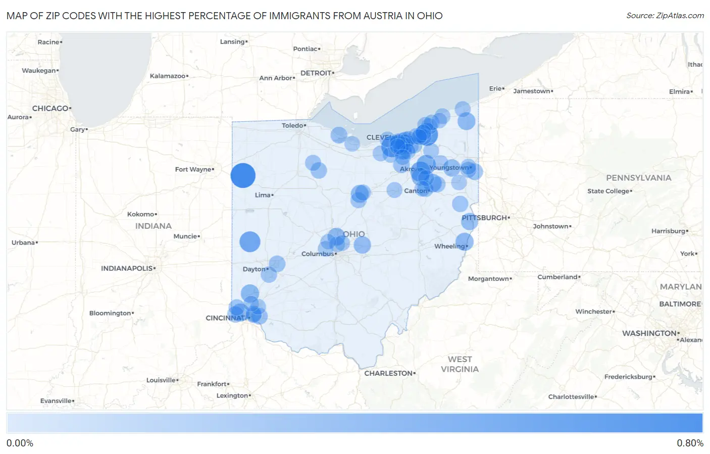 Zip Codes with the Highest Percentage of Immigrants from Austria in Ohio Map
