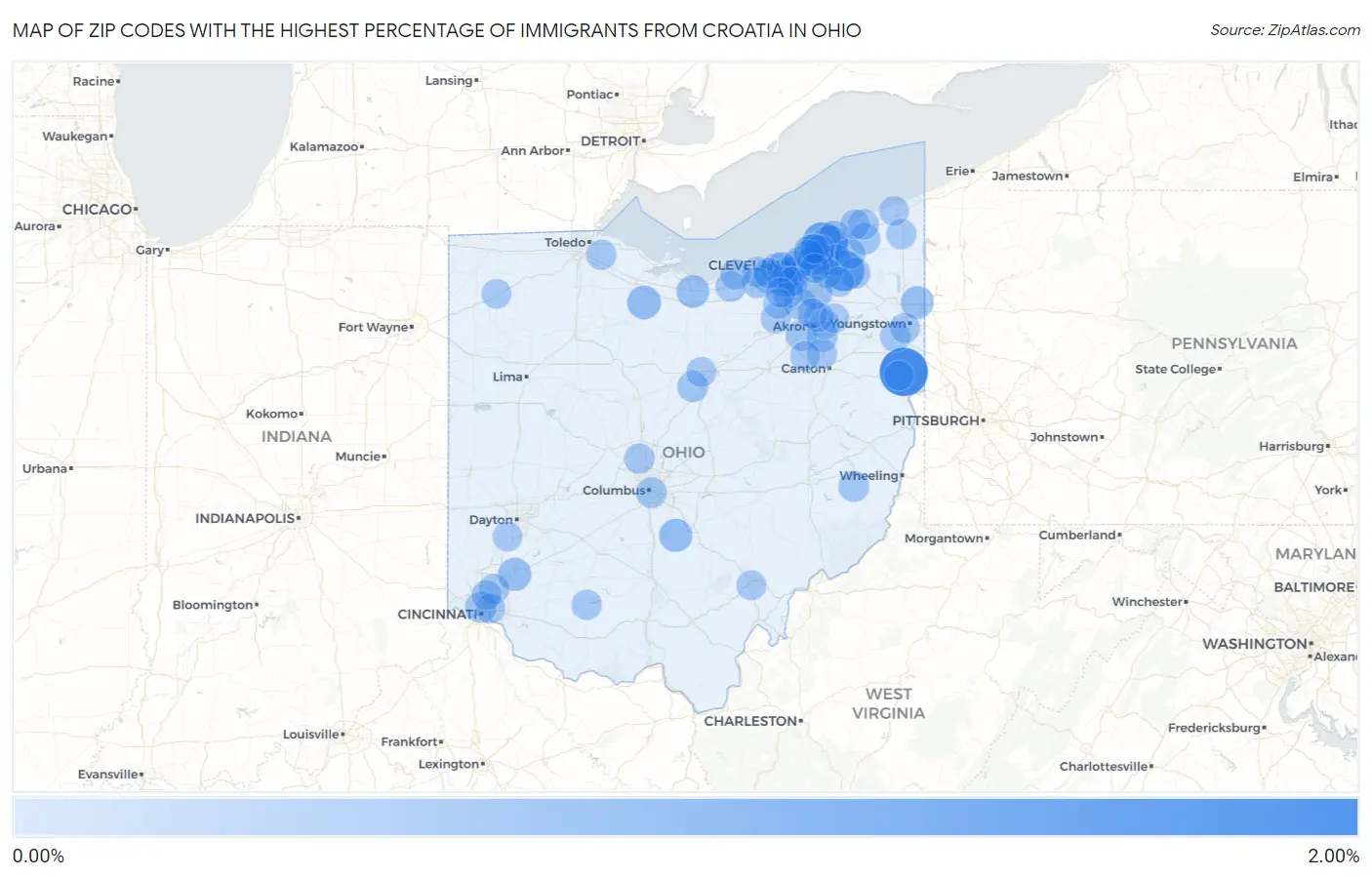 Zip Codes with the Highest Percentage of Immigrants from Croatia in Ohio Map