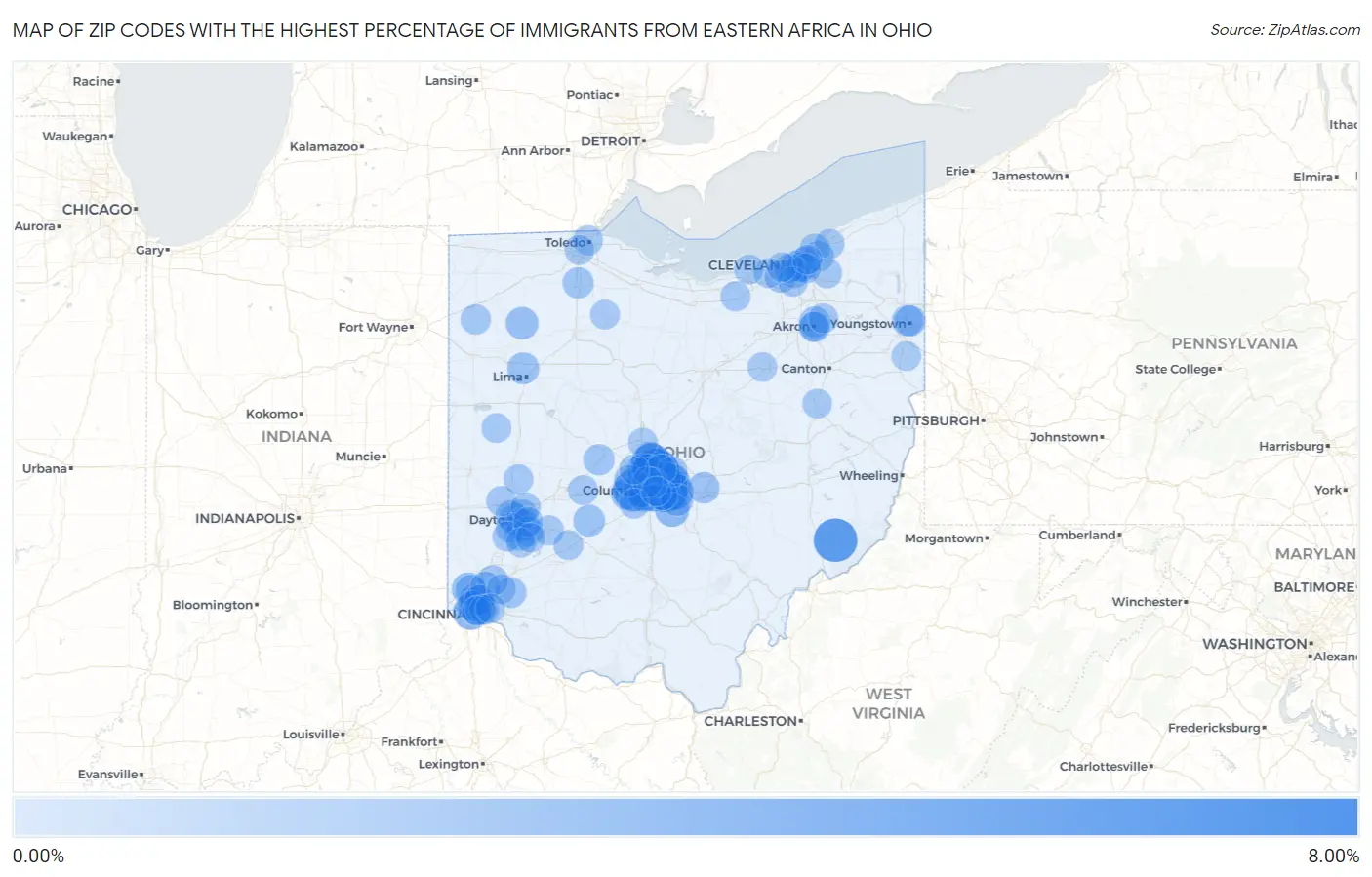 Zip Codes with the Highest Percentage of Immigrants from Eastern Africa in Ohio Map