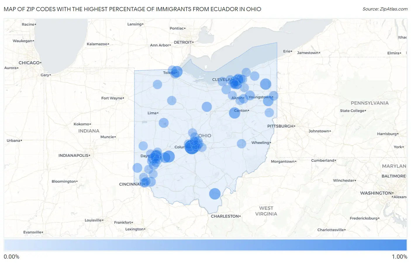 Zip Codes with the Highest Percentage of Immigrants from Ecuador in Ohio Map